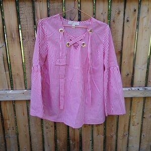 Michael Kors Lightweight Bell Sleeve Coral White Striped Vneck Tie Top